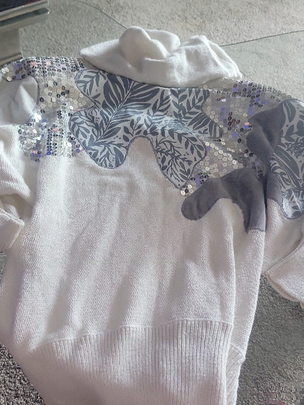 Croton Cream Sweater with Gray Leaf Appliqué and Sequins